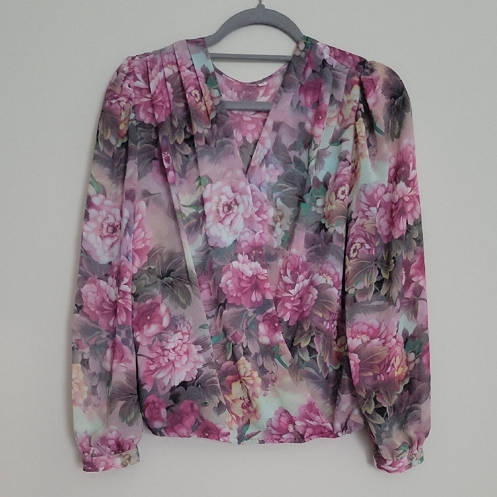 Pink and Gray Pleated Blouse with Relaxed Sleeves
